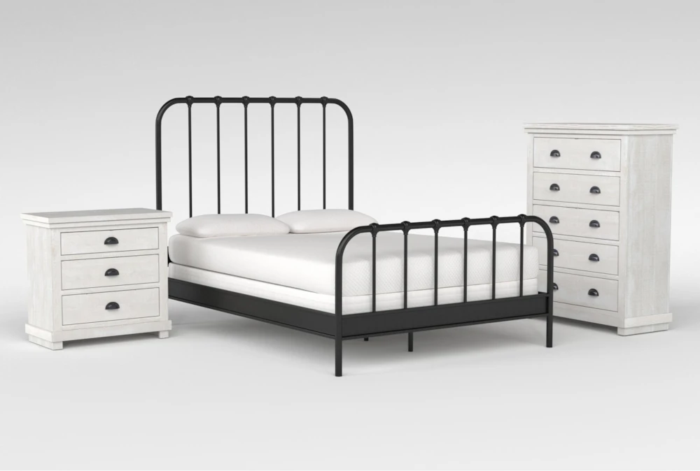 Knox California King Metal 3 Piece Bedroom Set With Sinclair Pebble Chest Of Drawers + Nightstand
