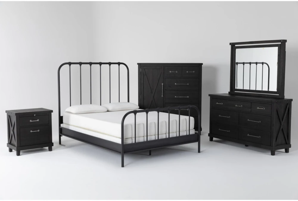 Knox Queen Metal 5 Piece Bedroom Set With Jaxon Dresser, Mirror, Wardrobe + Nightstand