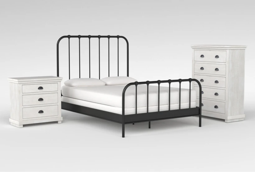 Knox Black Queen Metal 3 Piece Bedroom Set With Sinclair Pebble Chest Of Drawers + Nightstand - 360