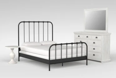 Knox 4 Piece Queen Metal Bedroom Set With Sinclair Pebble Dresser, Mirror + Bedside Table