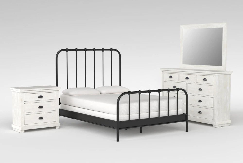 Knox Queen Metal 4 Piece Bedroom Set With Sinclair Pebble Dresser, Mirror + Nightstand