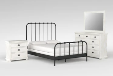 Knox 4 Piece Queen Metal Bedroom Set With Sinclair Pebble Dresser, Mirror + Nightstand