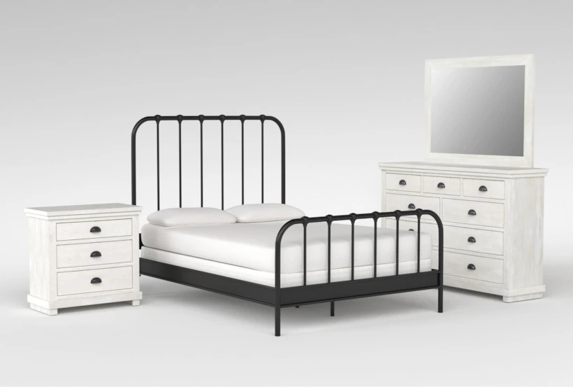Knox Queen Metal 4 Piece Bedroom Set With Sinclair Pebble Dresser, Mirror + Nightstand - 360