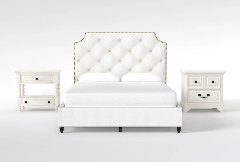 Sophia White II California King Upholstered Panel 3 Piece Bedroom Set With Kincaid White 2-Drawer Nightstand + Open Nightstand - 360
