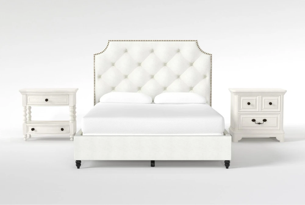 Sophia White II California King Upholstered Panel 3 Piece Bedroom Set With Kincaid White 2-Drawer Nightstand + Open Nightstand