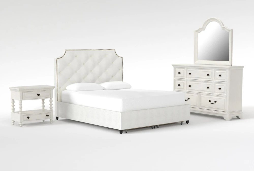 Sophia II Queen Upholstered Storage 4 Piece Bedroom Set With Kincaid Dresser, Mirror + Open Nightstand
