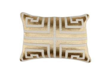 14X20 Natural + Gold Metallic Embroidered Modern Greek Key Lumbar Pillow