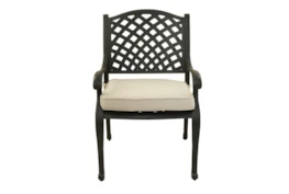 New Haven Dark Bronze Outdoor Dining Arm Chair With Canvas Natural Cushion