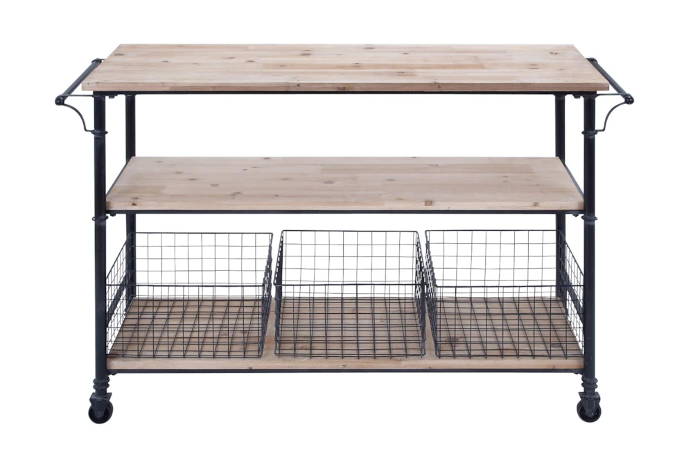 Natural Wood + Metal 3 Tier Kitchen Island With 3 Metal Baskets 