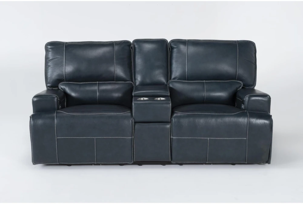 Como Navy Blue Leather 79" Power Reclining Loveseat With Console                                          