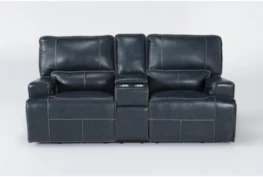 Como Navy Blue Leather 79" Power Reclining Loveseat With Console