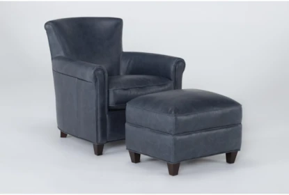 Theodore Blue Leather Arm Chair And Ottoman Set - Signature