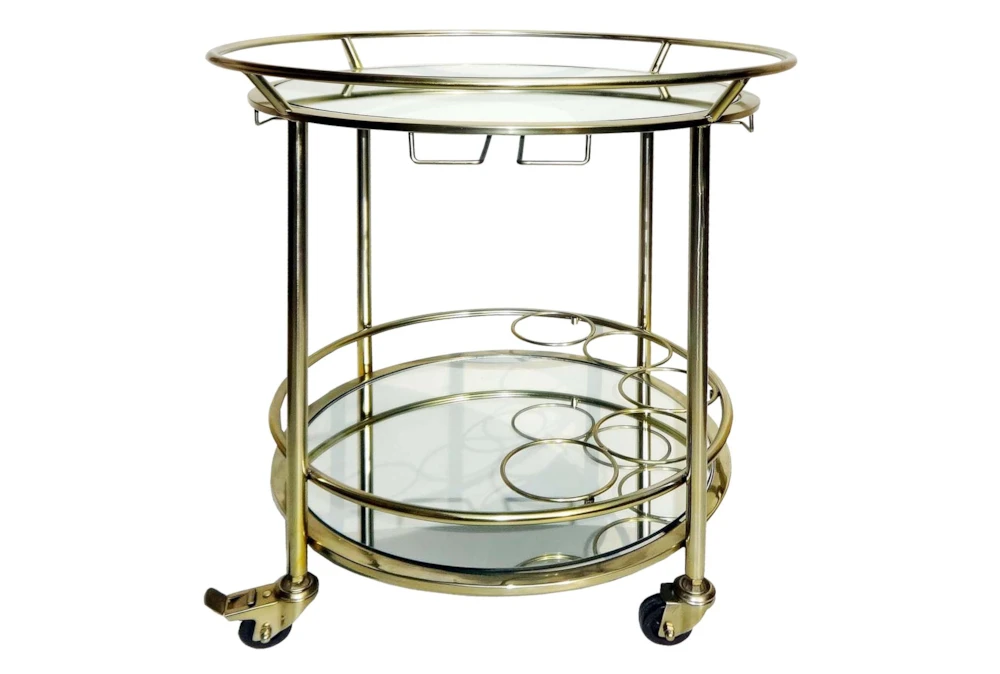 Gold 27" 2 Tier Round Rolling Bar Cart