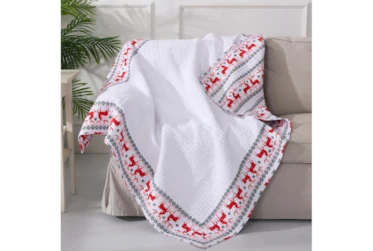50X60 Quilted White Red Grey Scandi Reindeer Border Accent Throw Blanket