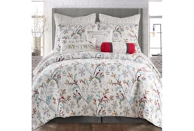 Full/Queen Quilt-3 Piece Set Reversible White Blue Multi Bird To Holly
