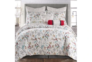 Eastern King Quilt-3 Piece Set Reversible White Blue Multi Bird To Holly