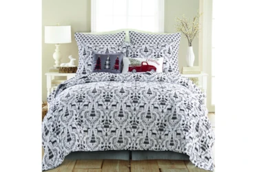 Eastern King Quilt-3 Piece Set Reversible Black And White Pines To Snowflake Print