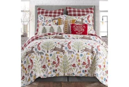 Twin Quilt-2 Piece Set Reversible Folk Deer Print To Red Plaid - Main