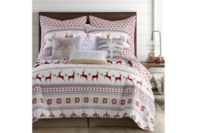 Full/Queen Quilt-3 Piece Set Reversible Grey And Red Reindeer Print To Snowflake