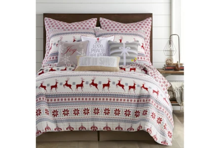 Full/Queen Quilt-3 Piece Set Reversible Grey And Red Reindeer Print To Snowflake - Main