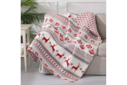 60X50 Quilted Reversible Grey And Red Reindeer Print To Snowflake Throw Blanket