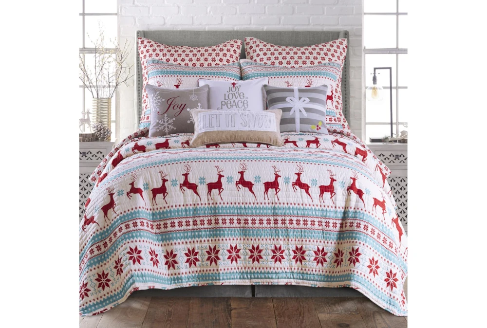 Full/Queen Quilt-3 Piece Set Reversible Teal And Red Reindeer Print To Snowflake