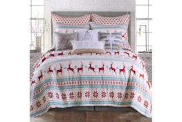 Full/Queen Quilt-3 Piece Set Reversible Teal And Red Reindeer Print To Snowflake