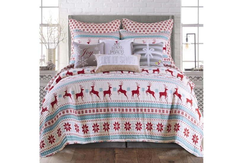 Full/Queen Quilt-3 Piece Set Reversible Teal And Red Reindeer Print To Snowflake - 360