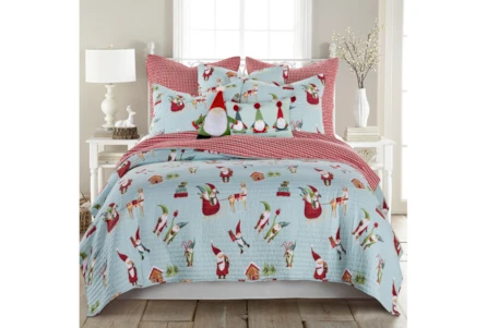 Full/Queen Quilt-3 Piece Set Reversible Blue Gnome Multi To Red Checkered Print - Main