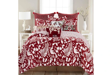 Full/Queen Quilt-3 Piece Set Reversible Red And White Scandi Print To Medallion - Main