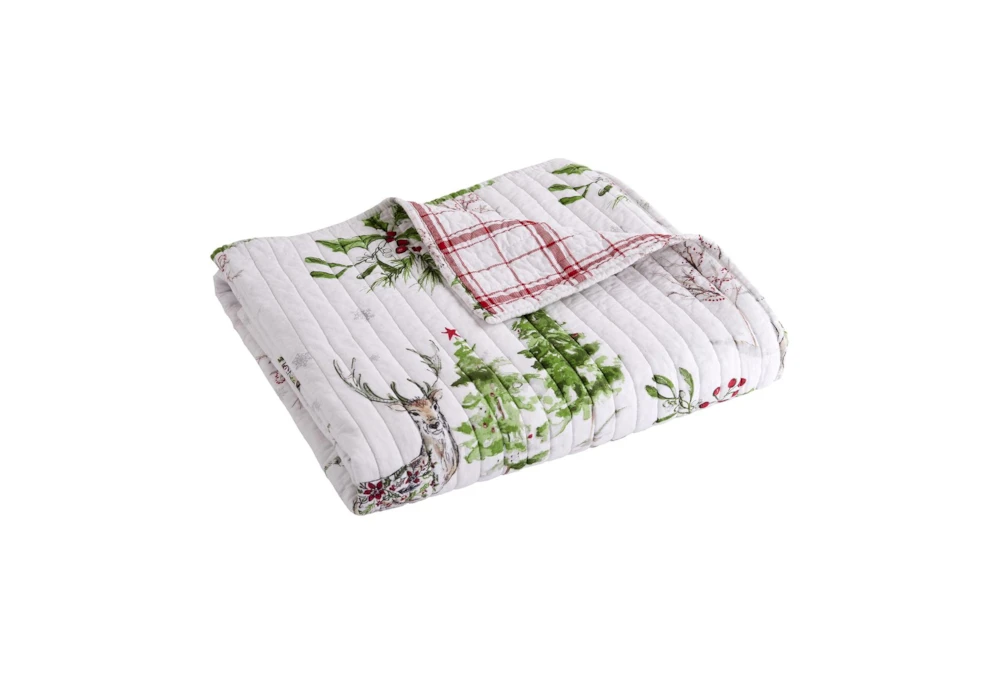 60X50 Quilted Reversible White & Green Deer Forest To Red Plaid Throw Blanket