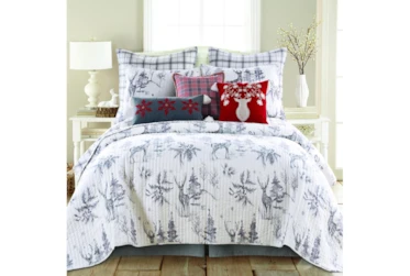Full/Queen Quilt-3 Piece Set Reversible White & Grey Deer Forest To Grey Plaid