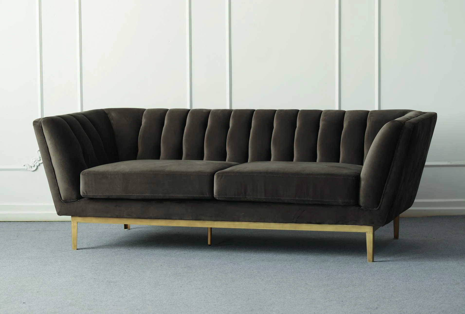 Grey Velvet Tufted Sofa With Brass Legs