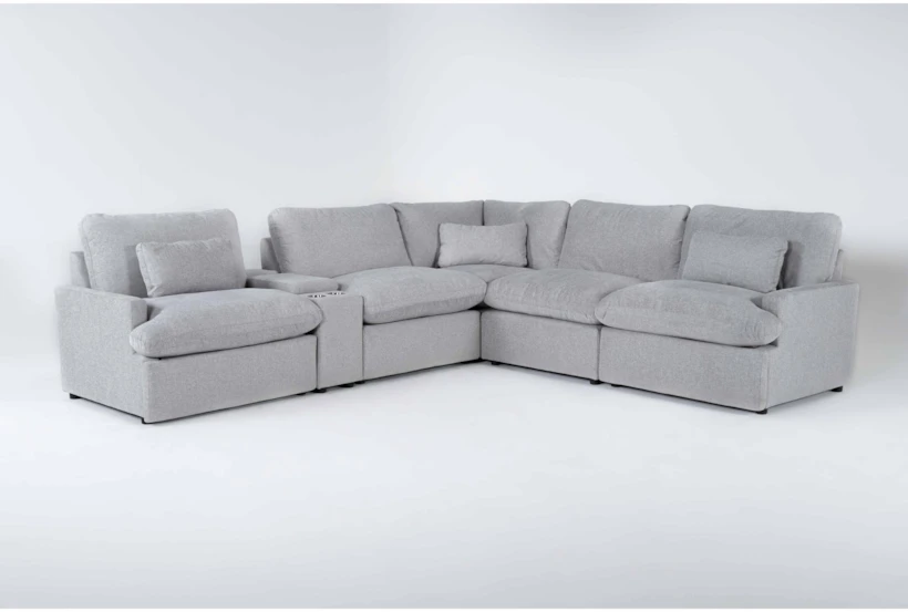 Jolene Silver Grey 134" 6 Piece Power Reclining L-Shaped Modular Sectional with 3 Power Recliners, Console, Storage, Cupholders & USB - 360