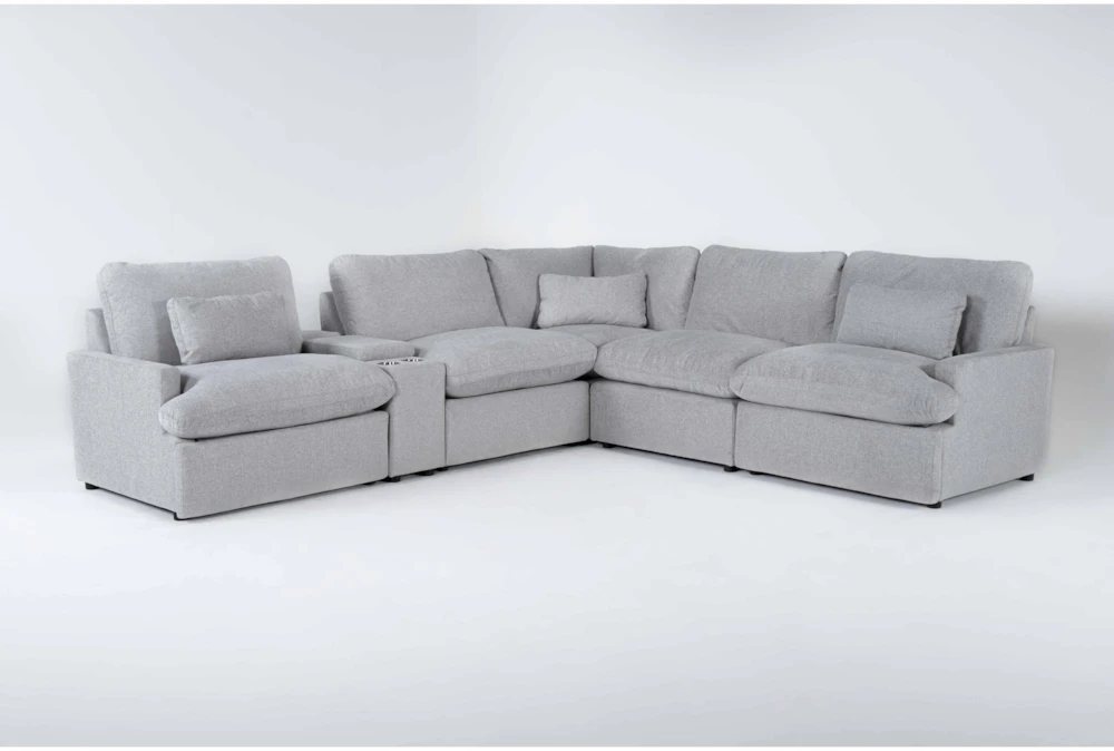 Jolene Silver Grey 134" 6 Piece Power Reclining L-Shaped Modular Sectional with 3 Power Recliners, Console, Storage, Cupholders & USB