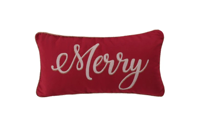12X24 Embroidered Red & Gold Merry Throw Pillow - 360