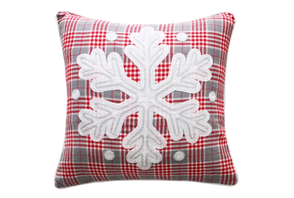 18X18 Grey Red White Multi Plaid Snowflake Pillow