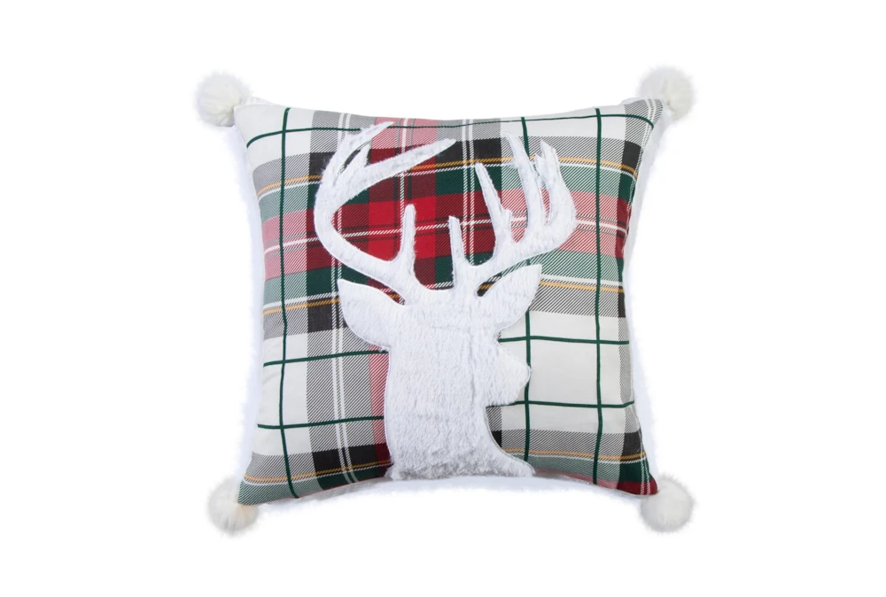 18X18 Appliqued Deer On Plaid With Pom Throw Pillow