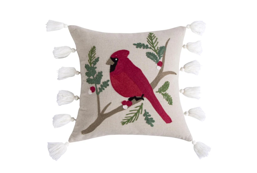 18X18 Embroidered Cardinal With Tassel Throw Pillow - 360