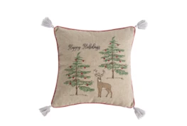 18X18 Embroidered Deer And Tree With Taupe Tassel Throw Pillow