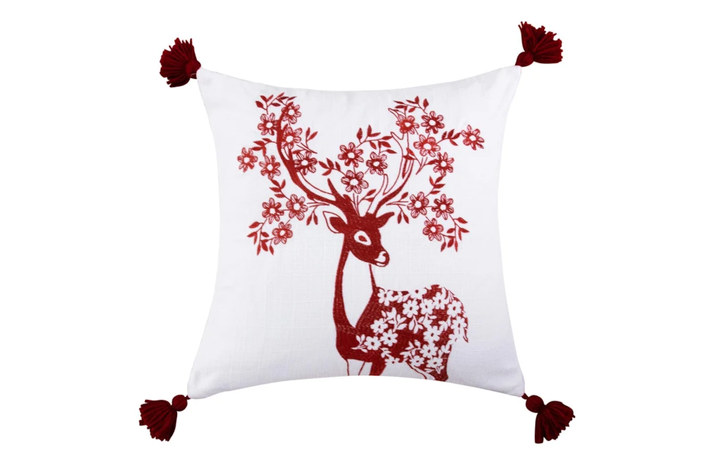18X18 Embroidered Red Deer With Floral Antlers Throw Pillow