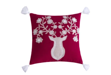 18X18 White Deer With Floral Antlers & White Tassel Throw Pillow
