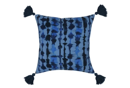 22X22 SHDES OF BLUE MULTI PAINTERLY DOT STRIPE INDOOR OUTDOOR THROW PILLOW WITH TASSELS - Main