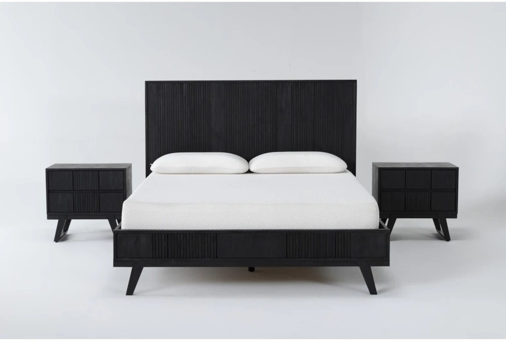 Joren Black California King Wood Platform 3 Piece Bedroom Set With 2 Nightstands