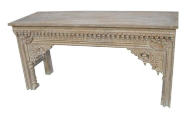 Whitewashed Reclaimed Wood Carved Console Table