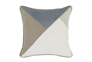 22X22 Sea Fog Blue Natural Mocha Geometric Pieced Linen + Leather Throw Pillow