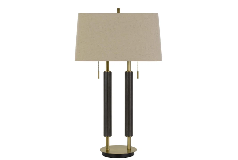 32 Inch Antique Brass + Wood Double Column Desk Lamp With Dual Pull Chains - 360