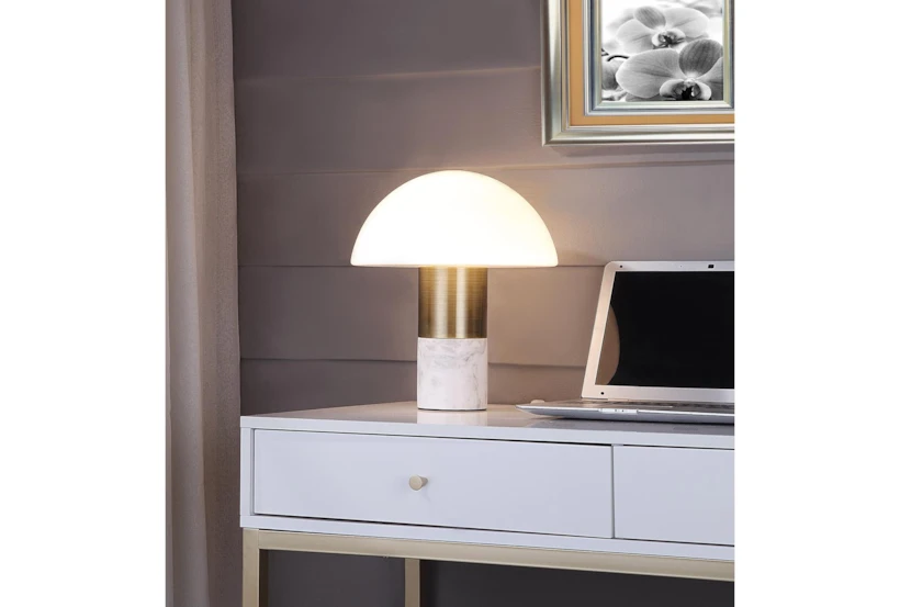 14 Inch Frosted Glass Antique Brass + Marble Glowing Mushroom Table Lamp - 360