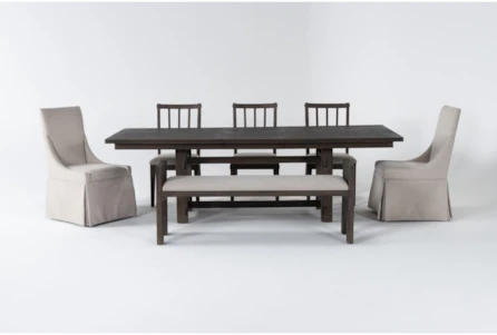 Gustav 78"-98" Rectangle Dining With Bench, Side Chairs, & Upholstered Host Chairs Set For 6 By Nate Berkus + Jeremiah Brent