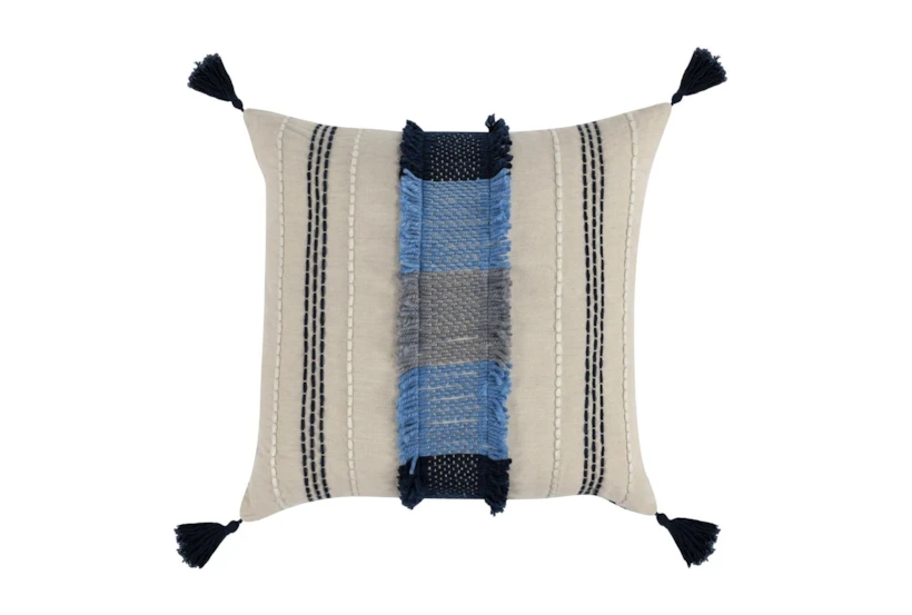 22X22 Blue Multi Horizontal Stripe Throw Pillow With Tassels - 360